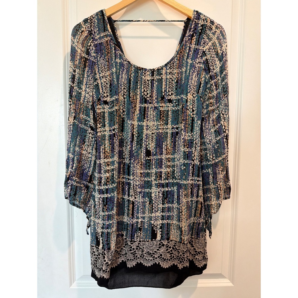 Angie Women Blue Green Geometric Print Lace Trim Bell Sleeve Boho Tunic Top S
